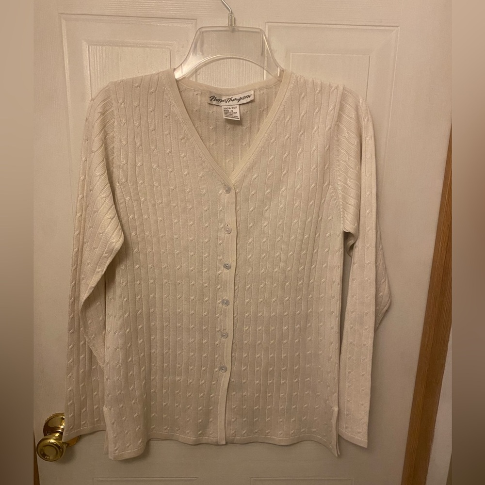 Norm Thompson Cream Cable Knit V-Neck Silk Cardigan
